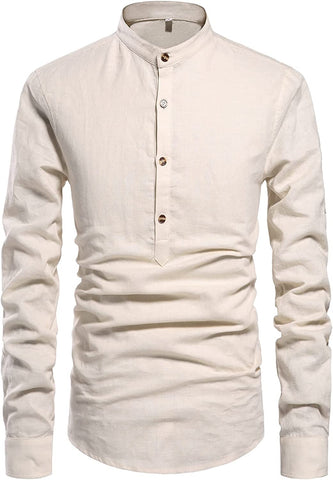 Men's Beige Henley Neck Long Sleeve Linen Shirts