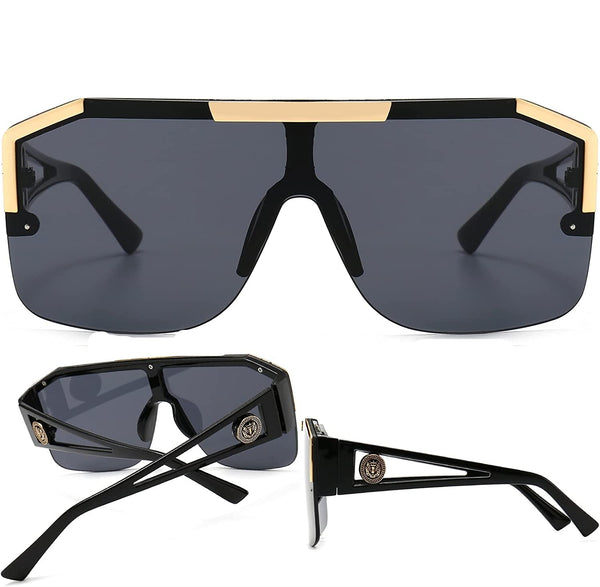 Flat Top Shield Black Square Oversized Sunglasses