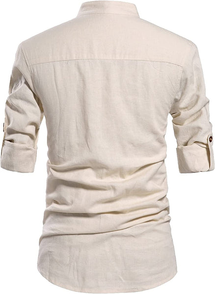 Men's Beige Henley Neck Long Sleeve Linen Shirts