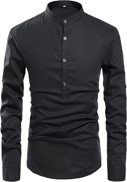 Men's Black Henley Neck Long Sleeve Linen Shirts