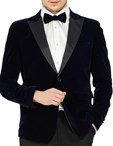 Men's Peak Lapel Dark Blue Velvet One Button Blazer Suit