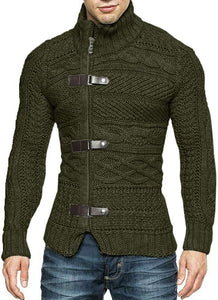 Men's Army Green Knitted Turtleneck Long Sleeve Slim Fit Sweater Cardigan