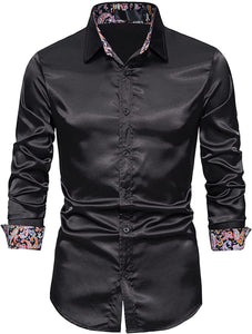 Men's Shiny Luxury Black Satin Long Sleeve Dress Shirt