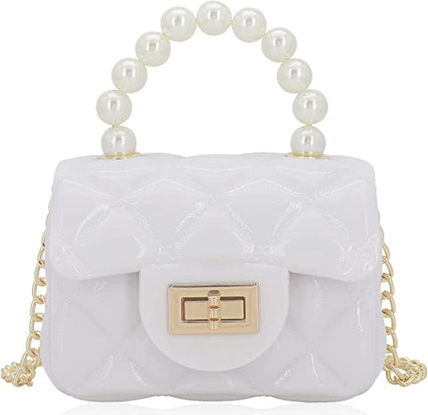 Quilted White Mini Jelly Purse with Pearls Crossbody Bag