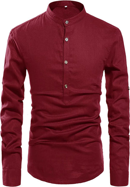 Men's Wine Red Henley Neck Long Sleeve Linen Shirts