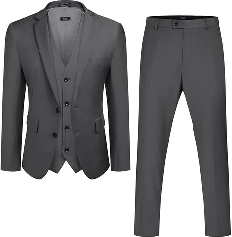 Men's Dark Grey Formal Long Sleeve  Blazer Vest 3pc Suit Set