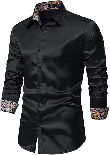 Men's Shiny Luxury Black Satin Long Sleeve Dress Shirt