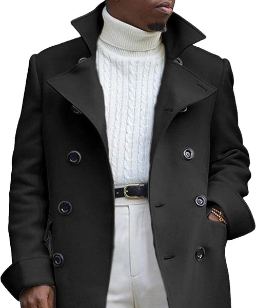 Men's Black Wool Single Breasted Long Trench Coat