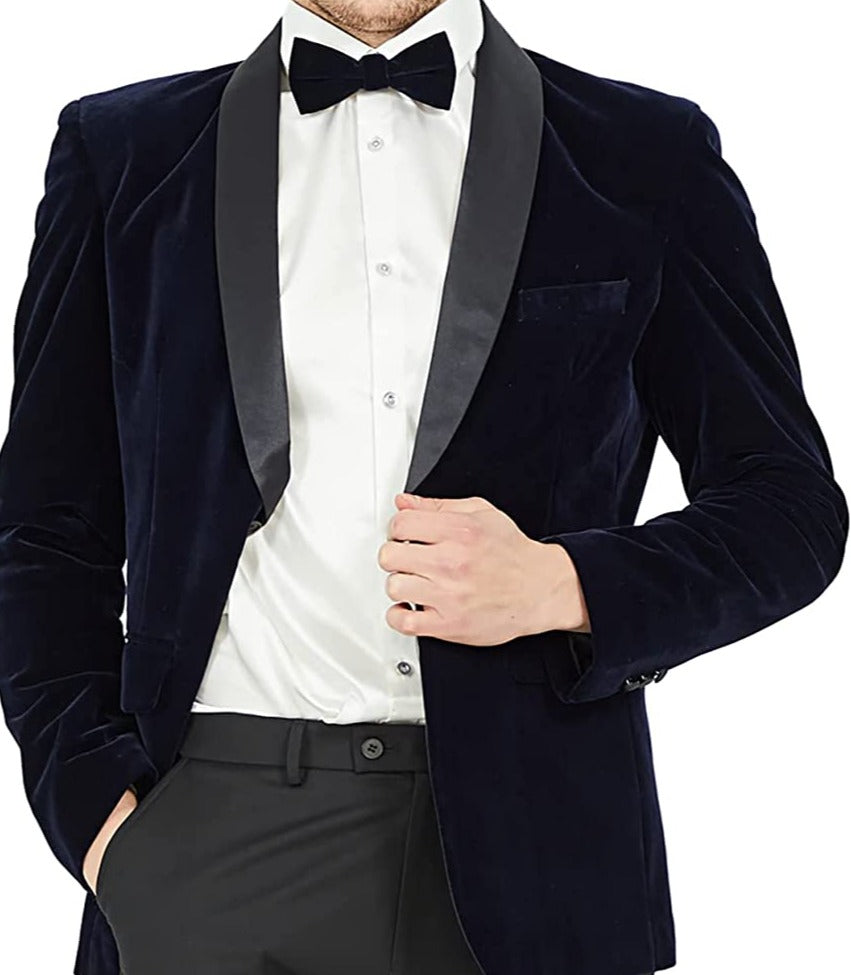 Men's Shawl Lapel Dark Blue Velvet One Button Blazer Suit