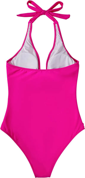 Pink Halter Tie Up Backless One Piece Swimsuit