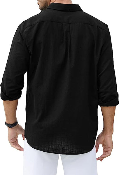 Men's Summer Black Casual Linen Button Down Pocket Style Shirt