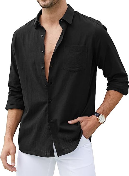 Men's Summer Black Casual Linen Button Down Pocket Style Shirt