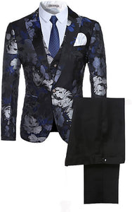 Blue Floral One Button Long Sleeve Men's 3-Piece Suit