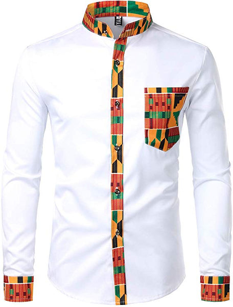 Men's Red Kente Tribal Embroidered Long Sleeve Button Down Shirt
