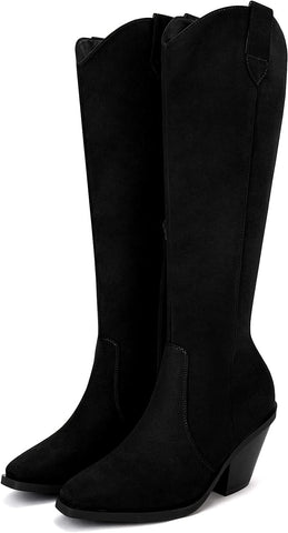 Women’s Black Square Closed Toe Chunky Stacked Knee High Boots