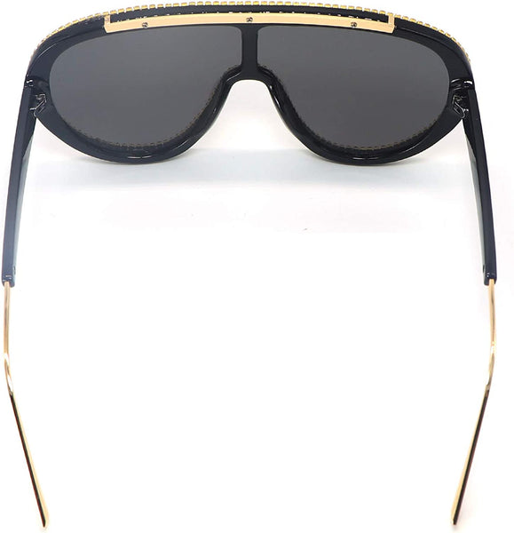 Bling Rhinestone Black Oversized Retro Shield Sunglasses