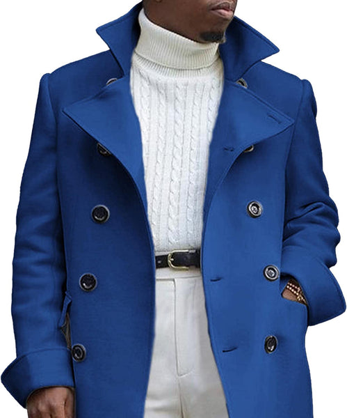 Men's Blue Wool Single Breasted Long Trench Coat