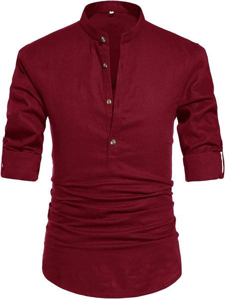 Men's Wine Red Henley Neck Long Sleeve Linen Shirts