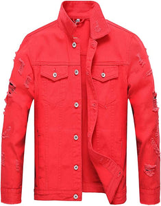 Classic Red Ripped Long Sleeve Men's Denim Jacket