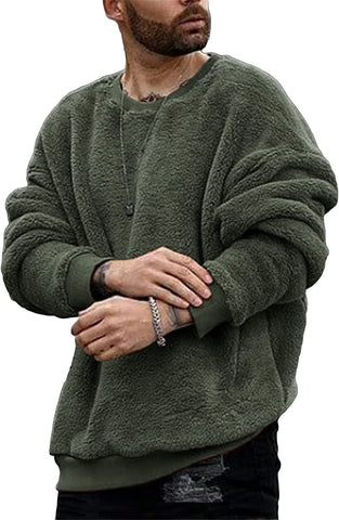 Men's Green Fuzzy Sherpa Pullover Long Sleeve Winter Warm Jacket