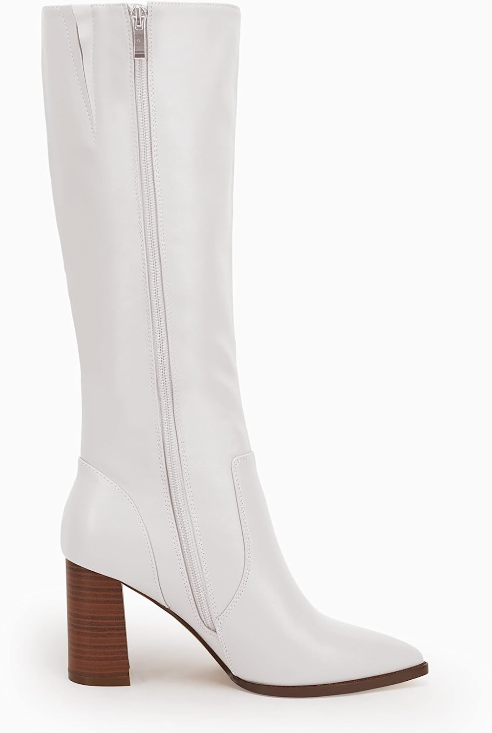 Classy White Chunky Block Heel Pointed Toe Knee High Boots