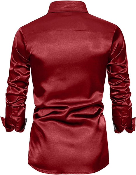 Men's Shiny Luxury Red Satin Long Sleeve Dress Shirt