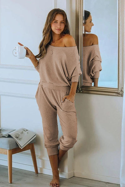 Goddess Khaki Off Shoulder Long Sleeve Long Pants with Pockets