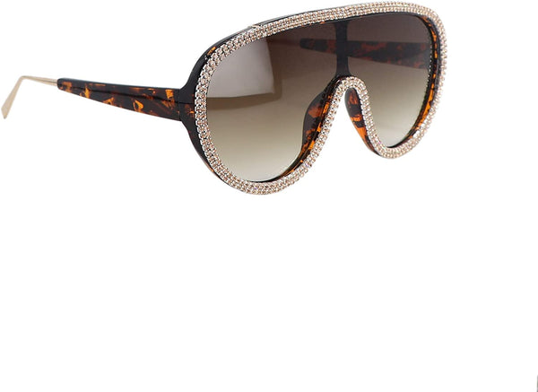 Bling Rhinestone Brown Oversized Retro Shield Sunglasses