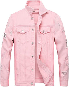 Classic Pink Ripped Long Sleeve Men's Denim Jacket