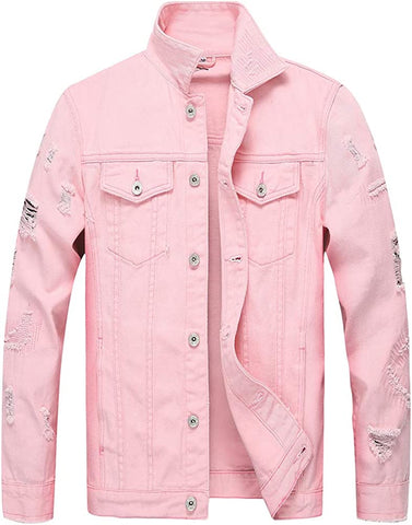 Classic Pink Ripped Long Sleeve Men's Denim Jacket