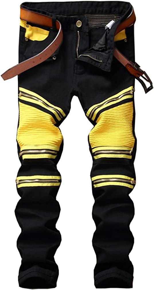 Men's Yellow-Black Ripped Moto Biker Jeans