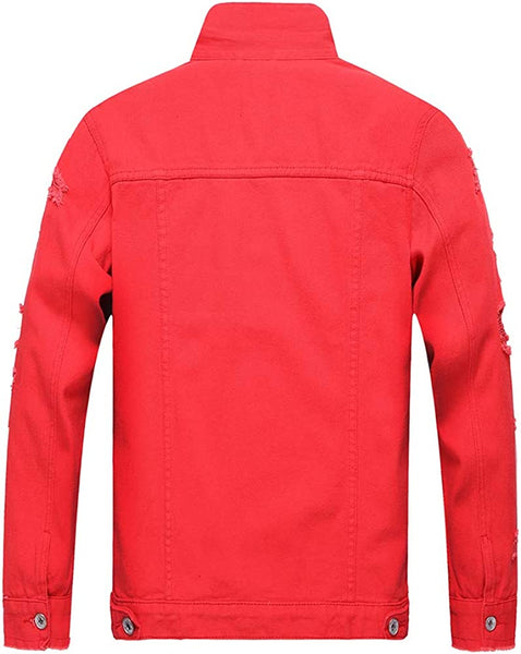 Classic Red Ripped Long Sleeve Men's Denim Jacket