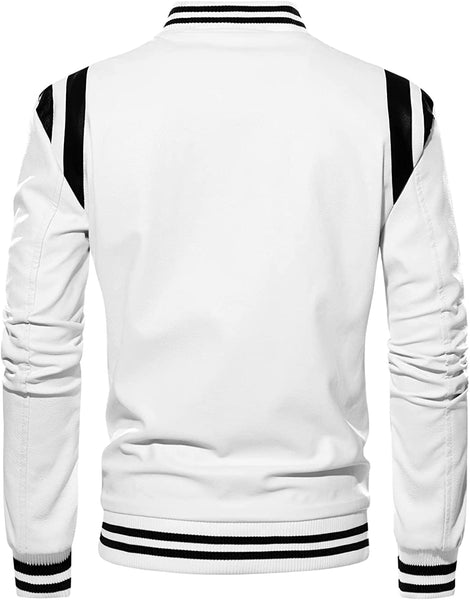 Fleece Lined White Pu Leather Varsity Bomber Jacket