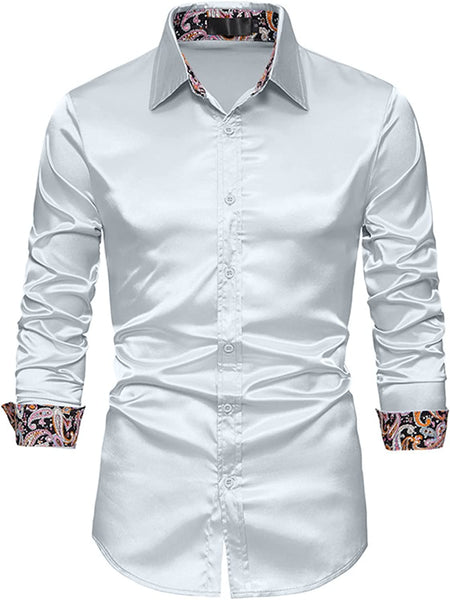 Men's Shiny Luxury Silver Satin Long Sleeve Dress Shirt