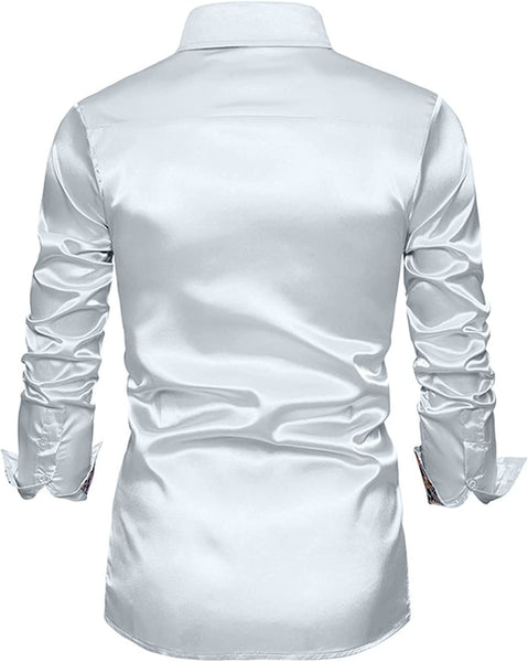 Men's Shiny Luxury Silver Satin Long Sleeve Dress Shirt