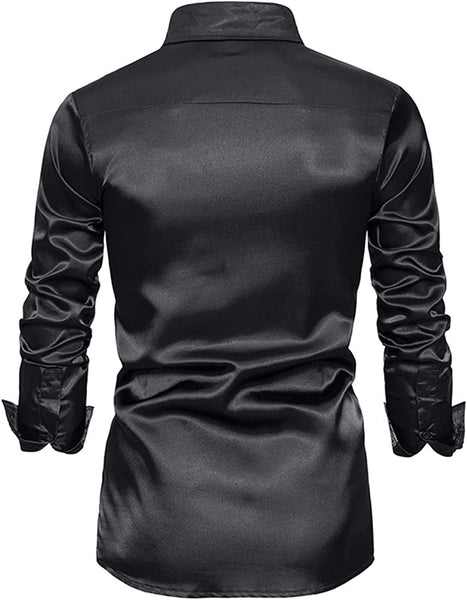 Men's Shiny Luxury Black Satin Long Sleeve Dress Shirt