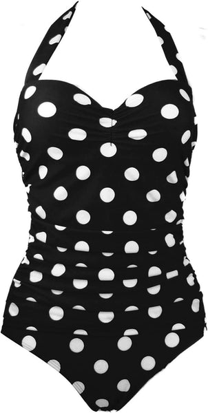 Retro Black Polka Ruching One Piece Vintage Swimwear