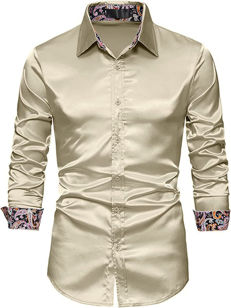 Men's Shiny Luxury Champagne Satin Long Sleeve Dress Shirt