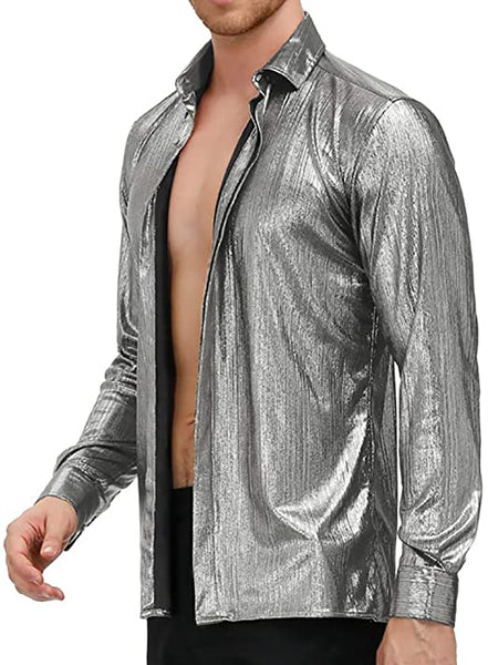 Men's Metallic Black Long Sleeve Button Up Dress Shirt