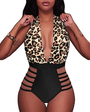 Beautiful Black Cheetah Halter Cut Out Deep V One Piece Swimsuit