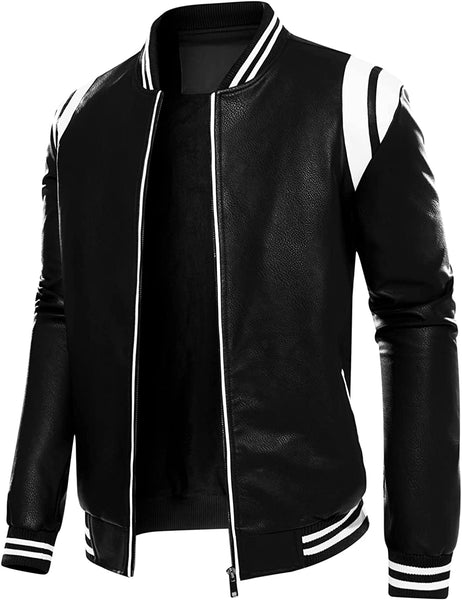 Fleece Lined Black Pu Leather Varsity Bomber Jacket