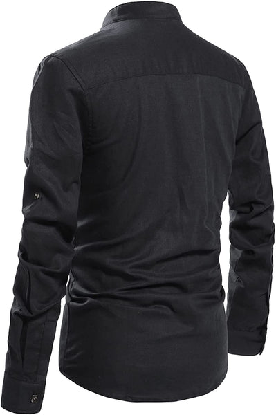 Men's Black Henley Neck Long Sleeve Linen Shirts