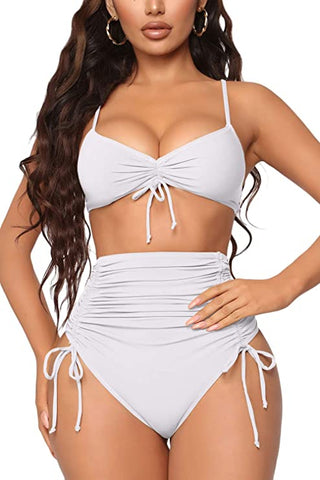 Ayana White Ruched High Waist 2pc Bikini Swimsuit