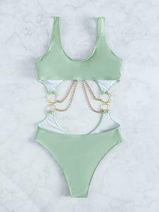 Elegant Chained Mint Green Cut Out One Piece Swimsuit