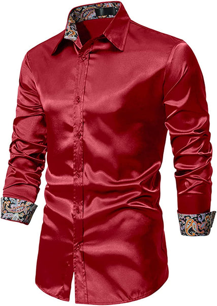 Men's Shiny Luxury Red Satin Long Sleeve Dress Shirt