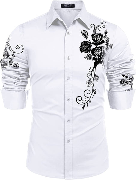 Men's White Rose Print Button Down Long Sleeve Shirt