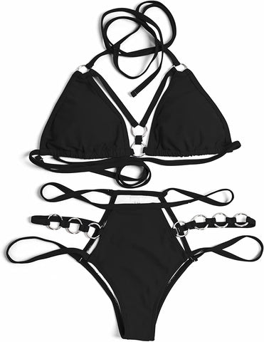 Elegant Black O-Ring Metal Link Two Piece Swimsuit