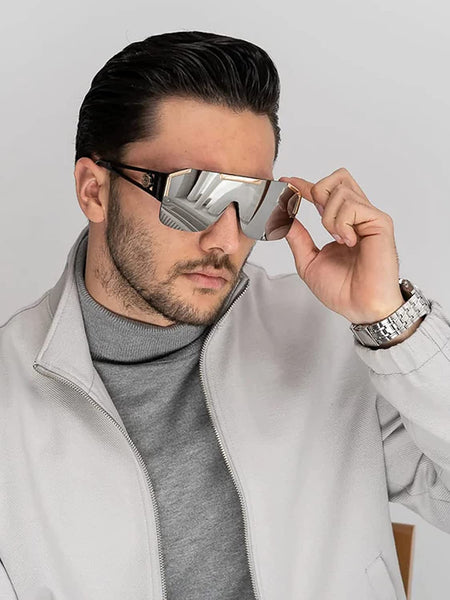 Flat Top Shield Silver Square Oversized Sunglasses