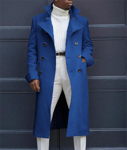 Men's Blue Wool Single Breasted Long Trench Coat