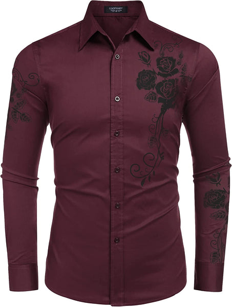 Men's Wine Red Rose Print Button Down Long Sleeve Shirt